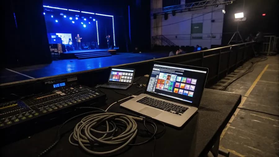 Backstage-Arbeitsplatz mit zwei Zuspielrechnern und Confidence-Monitor