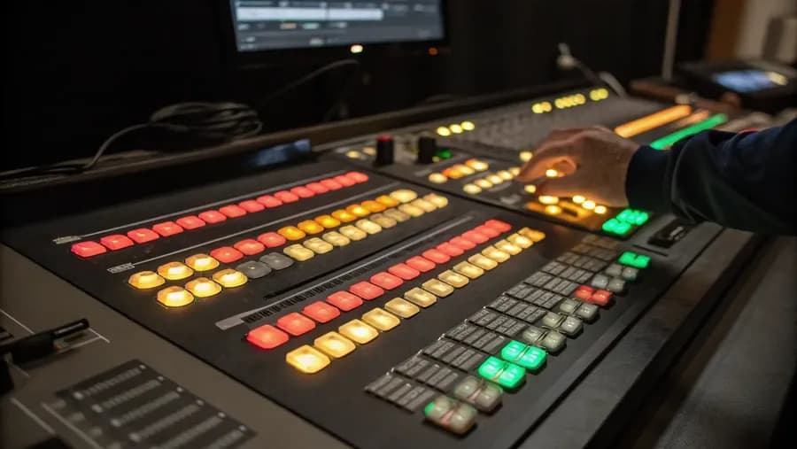 Bedienoberfläche eines Live-Bildmischers mit beleuchteten Tasten